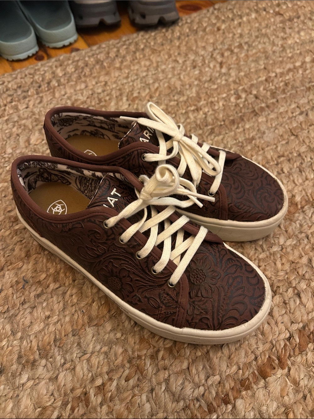 Ariat Brown Floral Embossed Low-Top Sneakers with Cream Laces